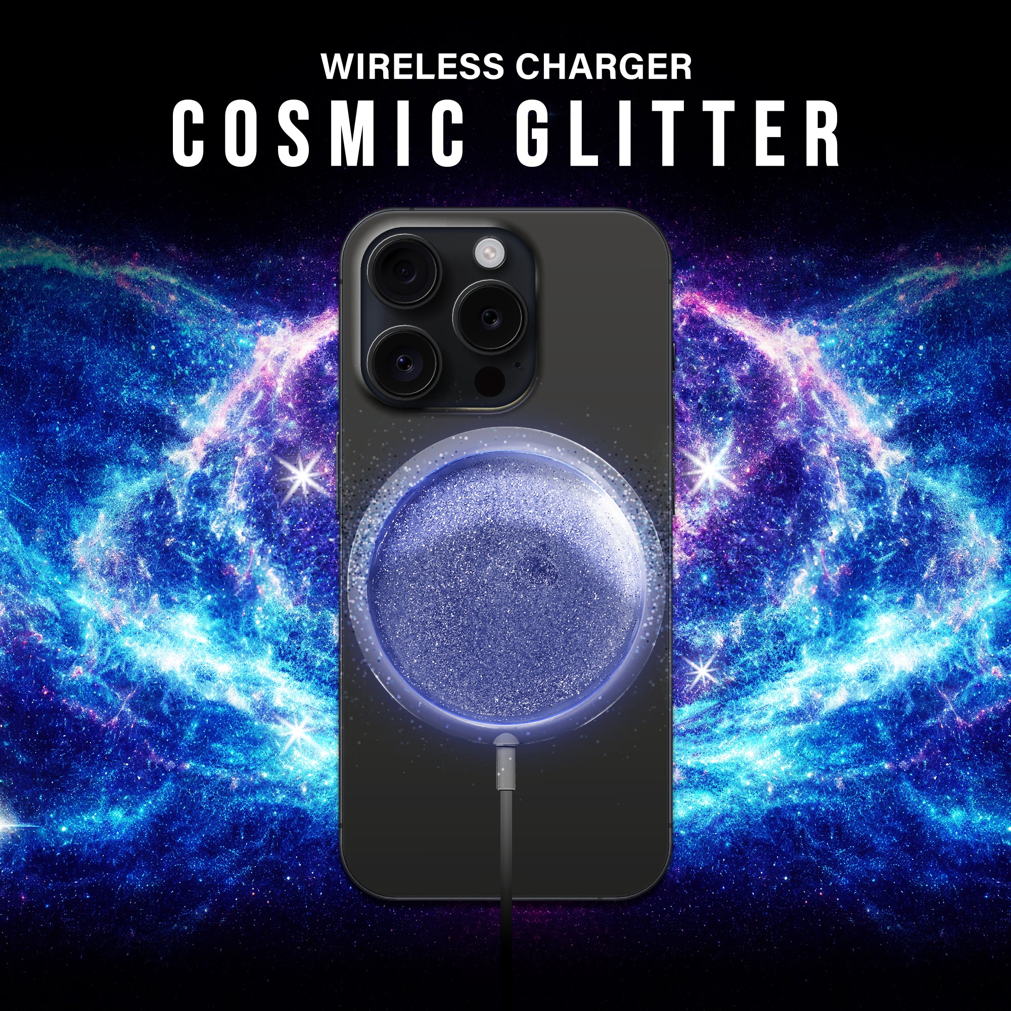 15W Fast Wireless Magnetic Charger with Cosmic Glitter, USB-C, MagSafe Compatible for iPhone 16/15/14/13/12, Samsung Galaxy, and Other Android Devices