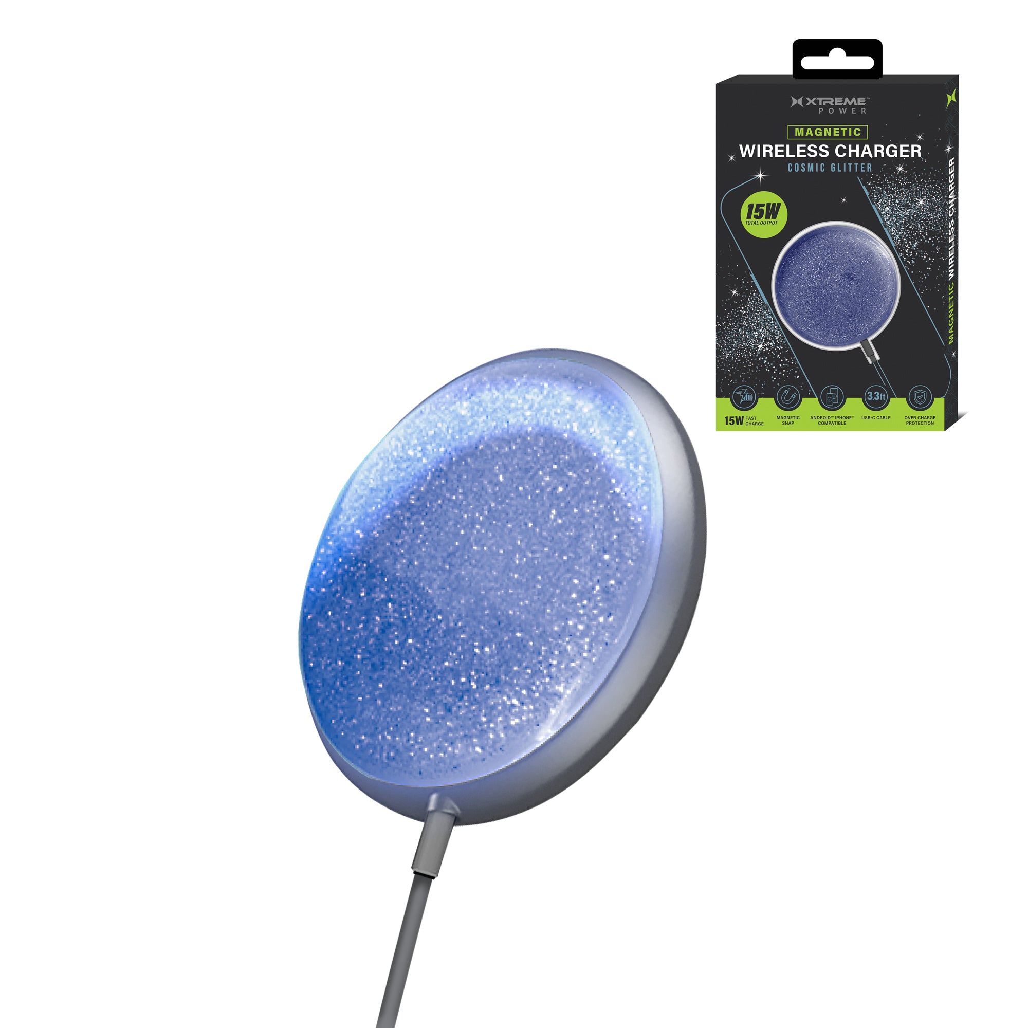 15W Fast Wireless Magnetic Charger with Cosmic Glitter, USB-C, MagSafe Compatible for iPhone 16/15/14/13/12, Samsung Galaxy, and Other Android Devices
