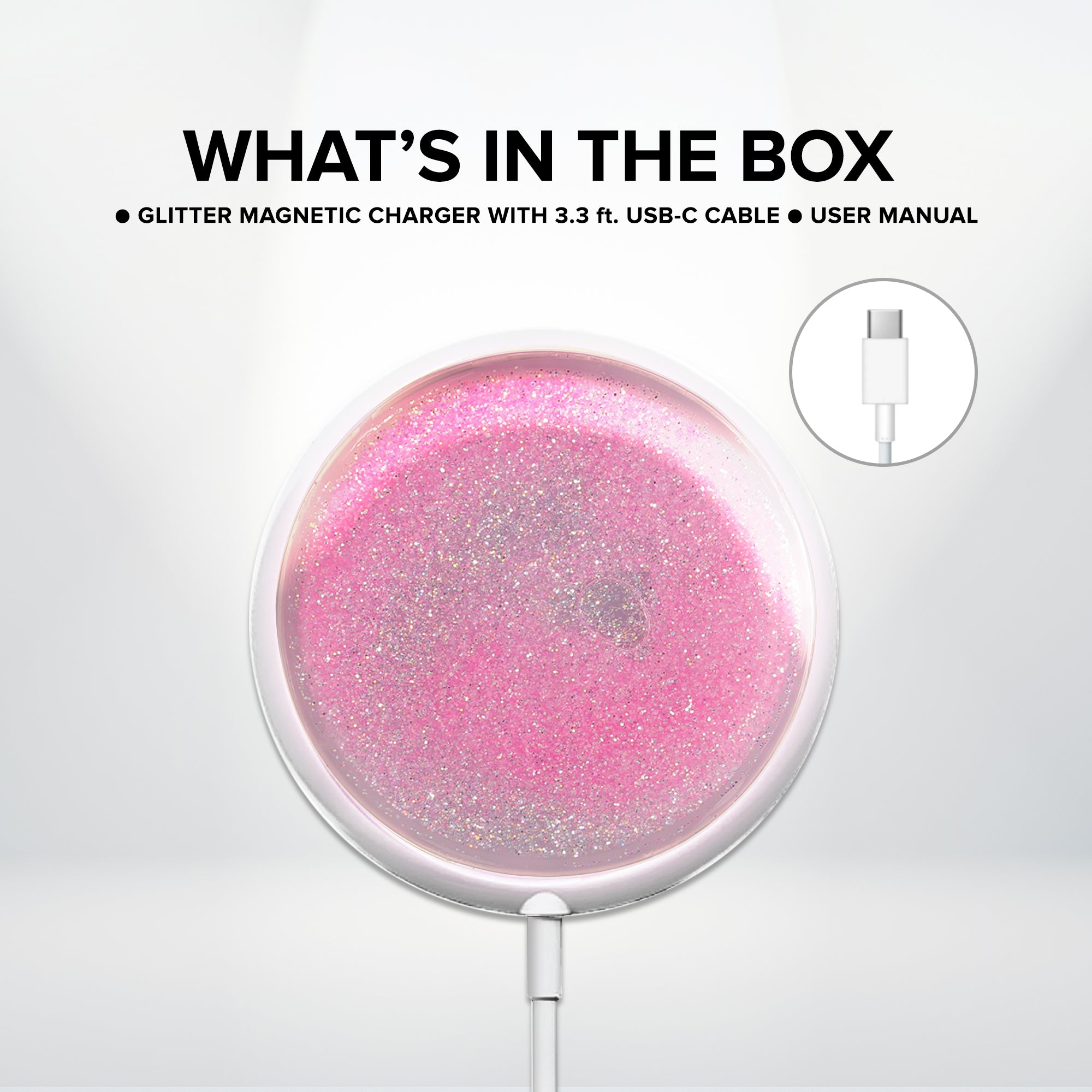 15W Fast Wireless Magnetic Charger with Cosmic Glitter, USB-C, MagSafe Compatible for iPhone 16/15/14/13/12, Samsung Galaxy, and Other Android Devices