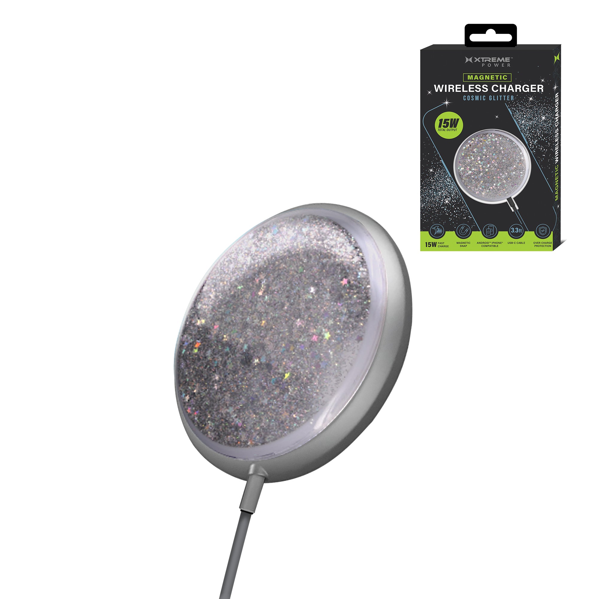 15W Fast Wireless Magnetic Charger with Cosmic Glitter, USB-C, MagSafe Compatible for iPhone 16/15/14/13/12, Samsung Galaxy, and Other Android Devices