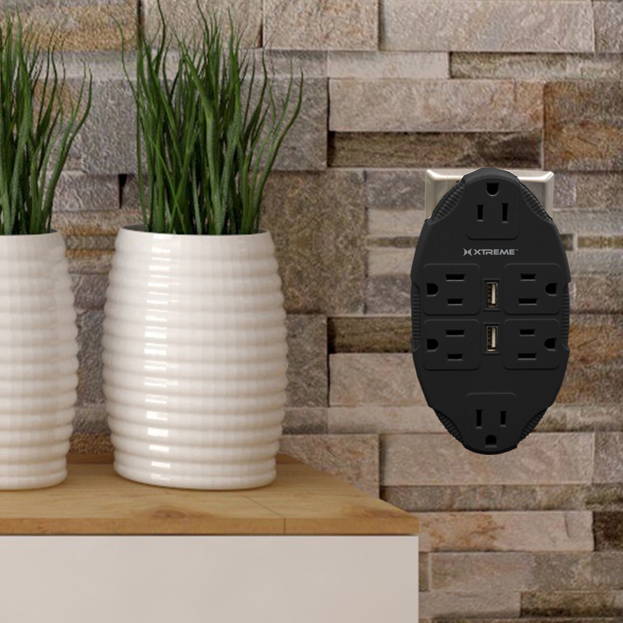 6 Outlet Wall Tap with Dual 2.4A USB Ports, Multi-Plug Adapter, Grounded 3-Prong Power Extender for Home and Office