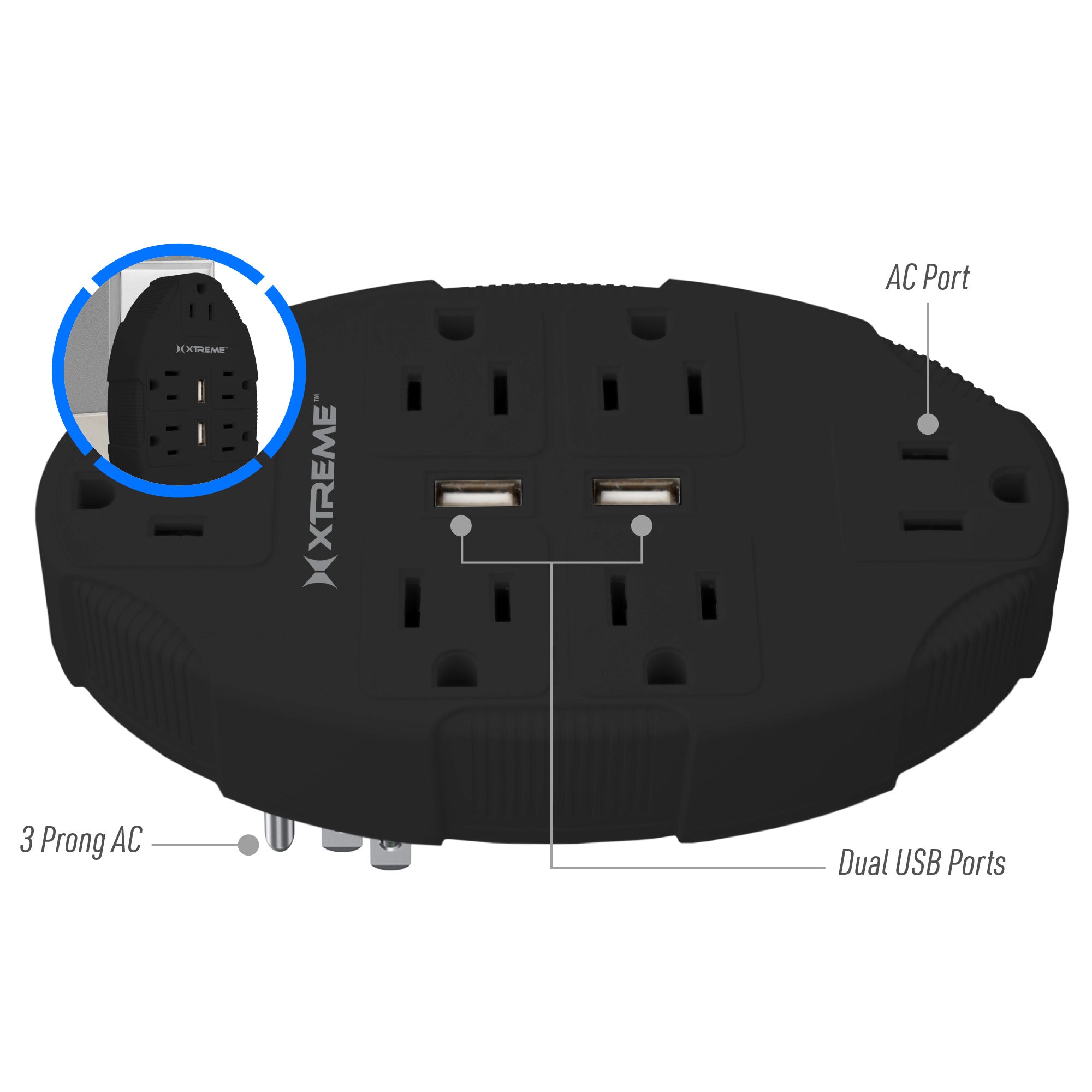 6 Outlet Wall Tap with Dual 2.4A USB Ports, Multi-Plug Adapter, Grounded 3-Prong Power Extender for Home and Office