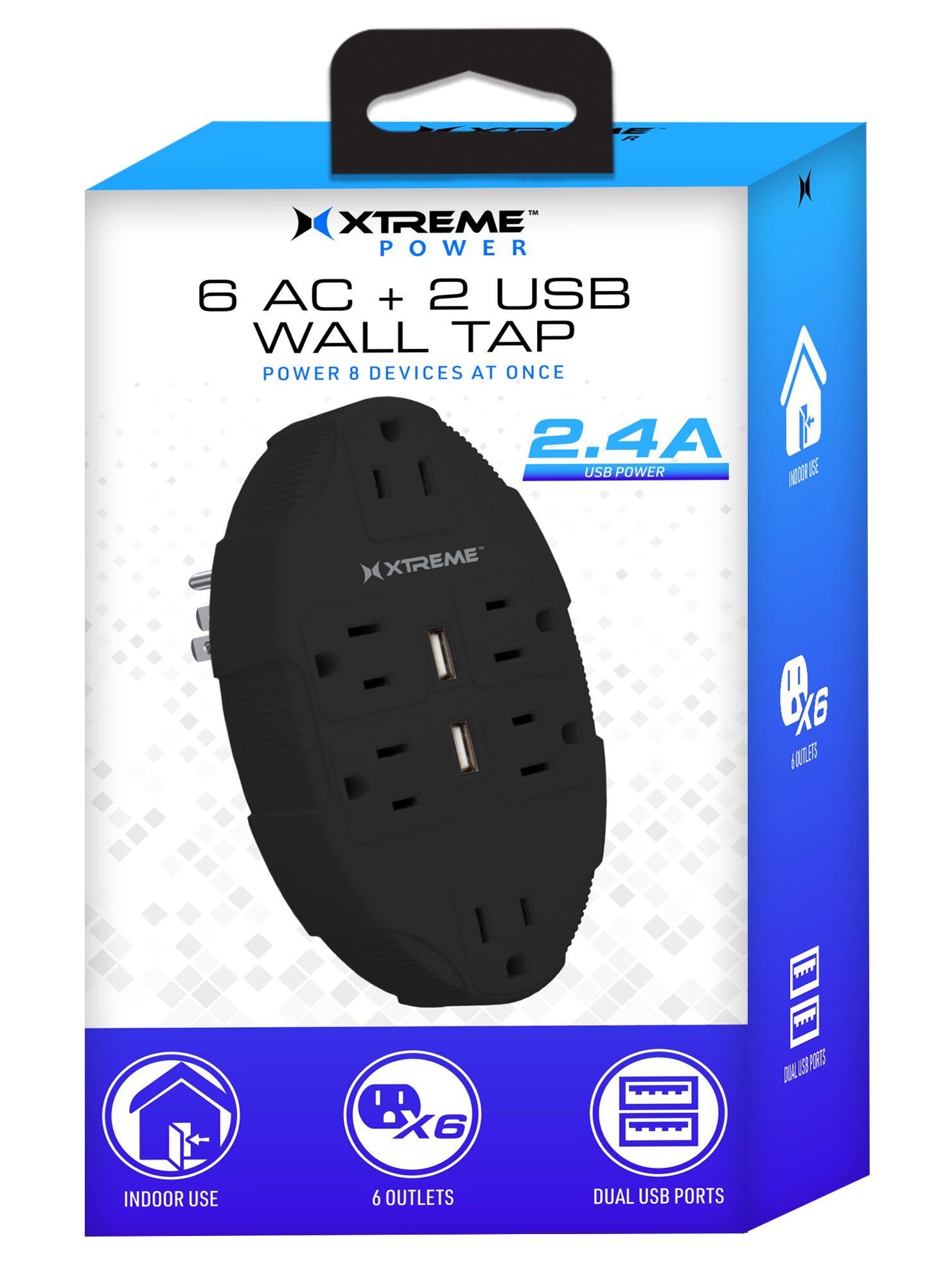 6 Outlet Wall Tap with Dual 2.4A USB Ports, Multi-Plug Adapter, Grounded 3-Prong Power Extender for Home and Office