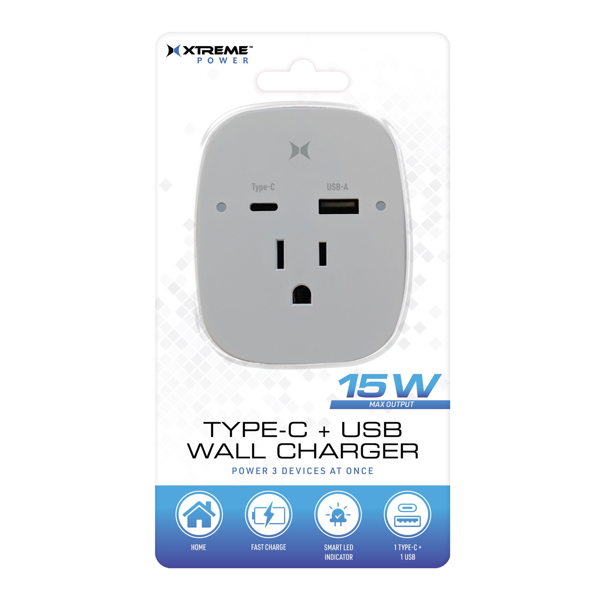 15W 3-in-1 Wall Charger with USB-C, USB-A, and AC Outlet, Built-in Phone Holder, Fast Charging Power Adapter for Multiple Devices