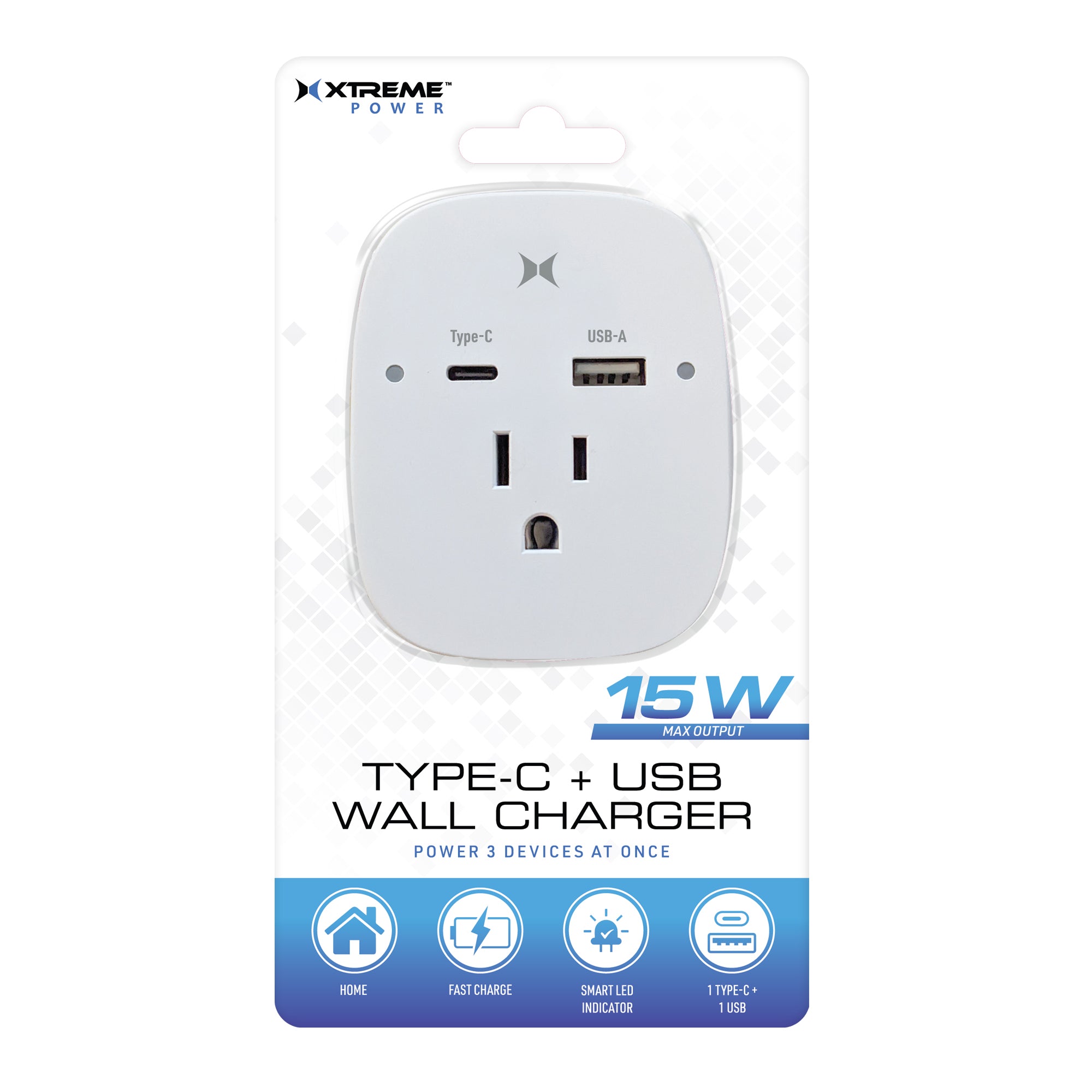 15W 3-in-1 Wall Charger with USB-C, USB-A, and AC Outlet, Built-in Phone Holder, Fast Charging Power Adapter for Multiple Devices