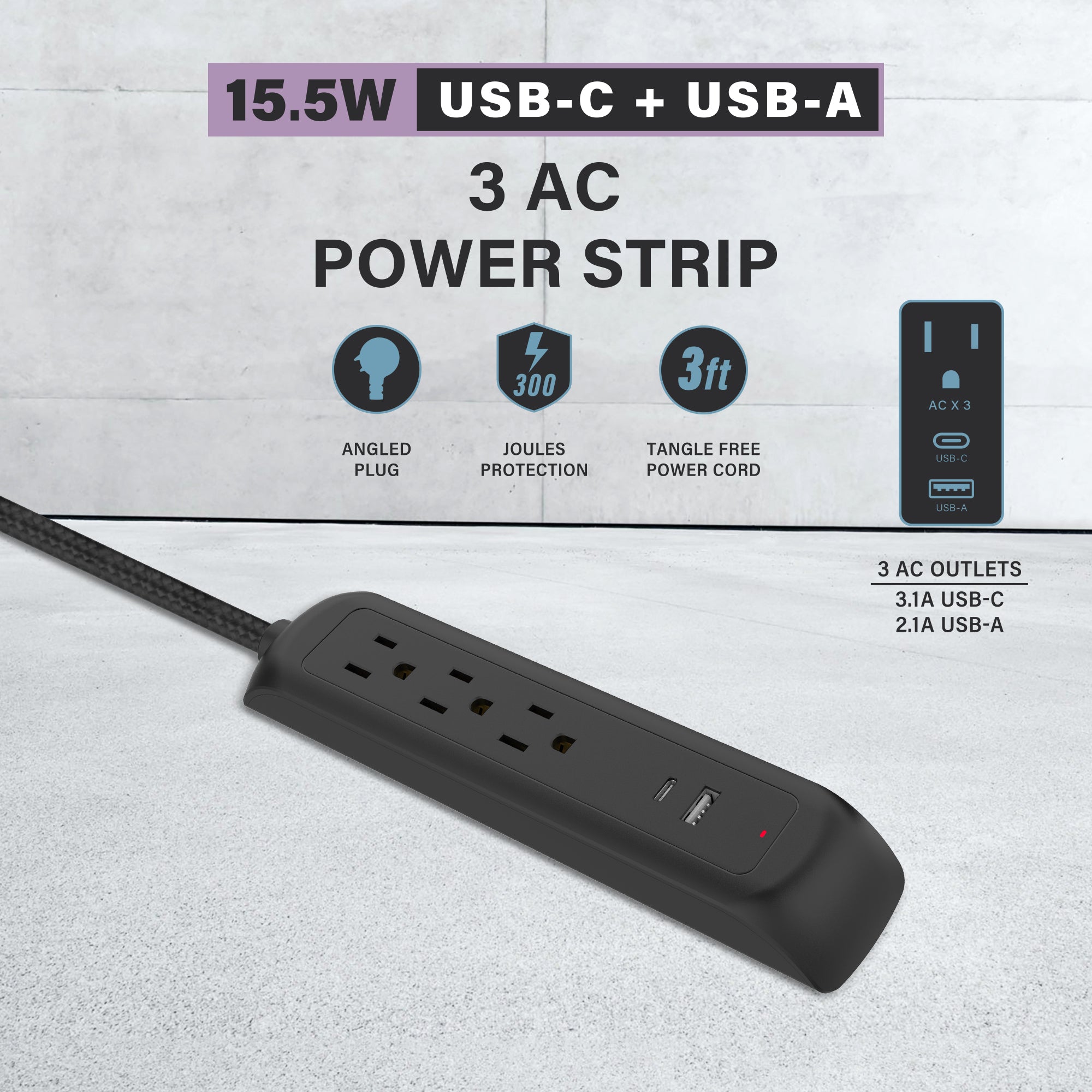 Xtreme Power Surge Strip 3 Outlets with USB-A & 3.1A USB-C