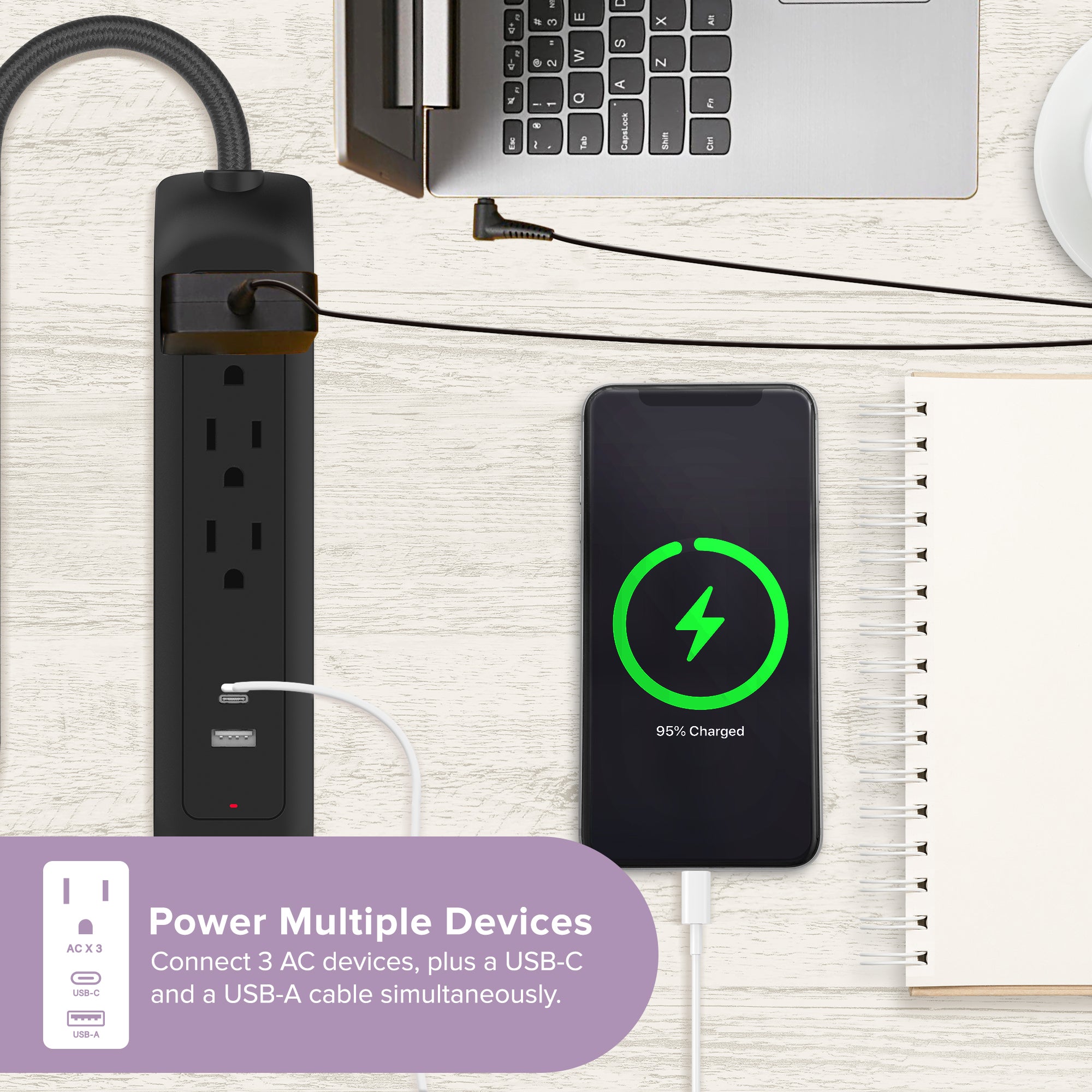 Xtreme Power Surge Strip 3 Outlets with USB-A & 3.1A USB-C