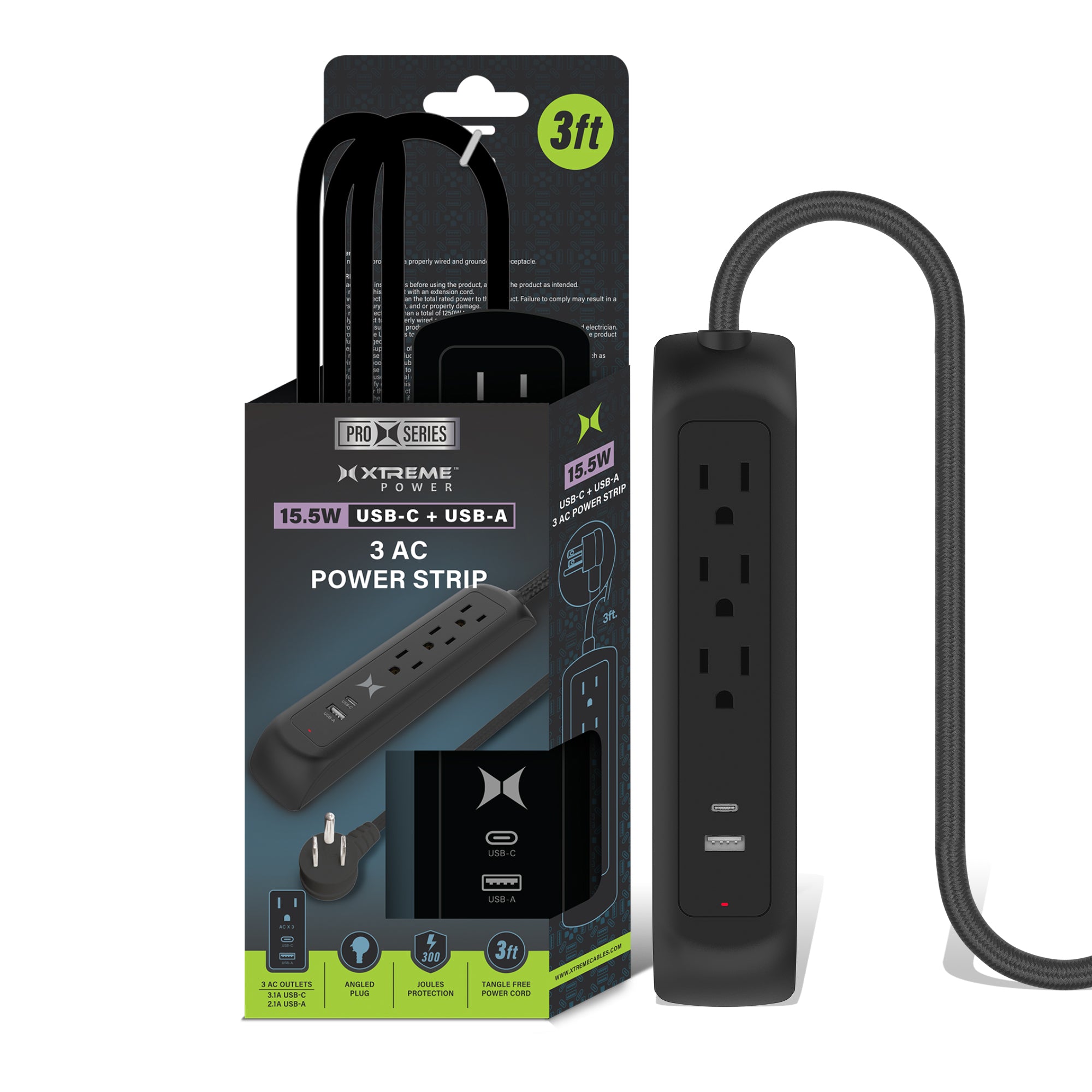 Xtreme Power Surge Strip 3 Outlets with USB-A & 3.1A USB-C