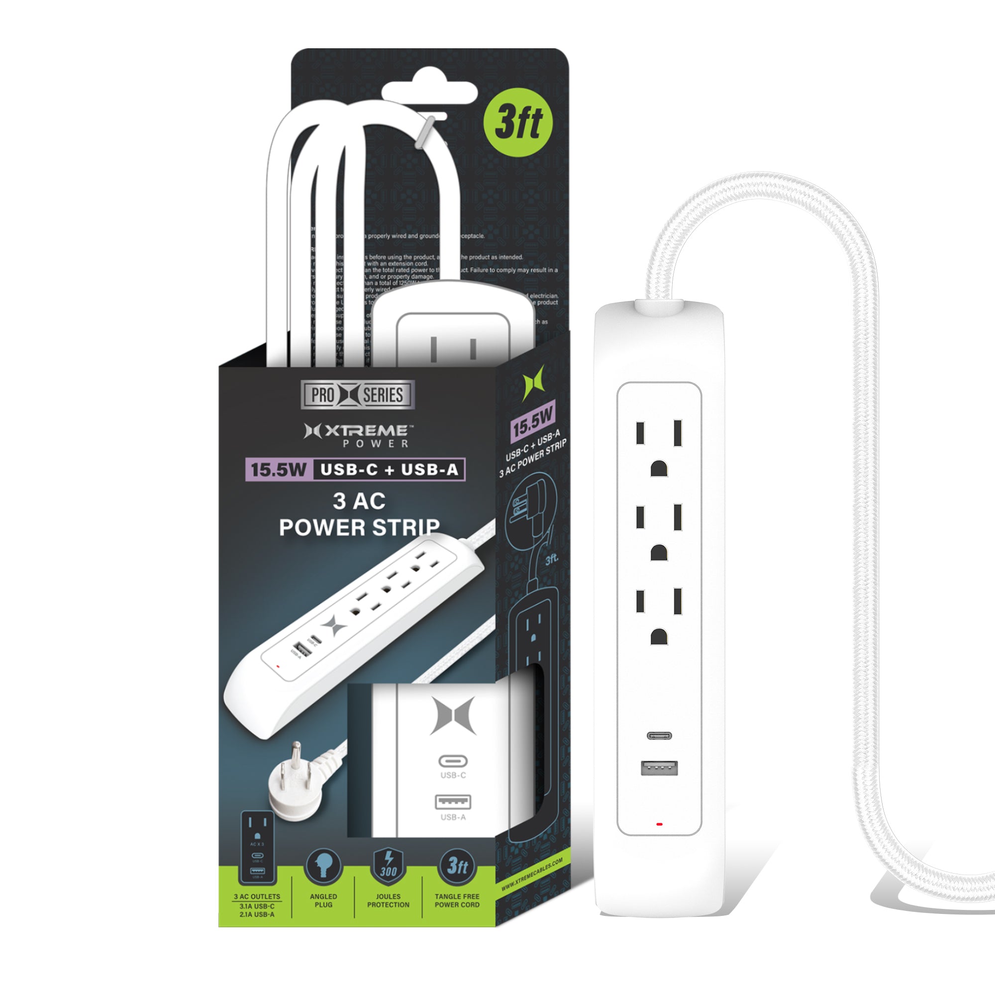 Xtreme Power Surge Strip 3 Outlets with USB-A & 3.1A USB-C