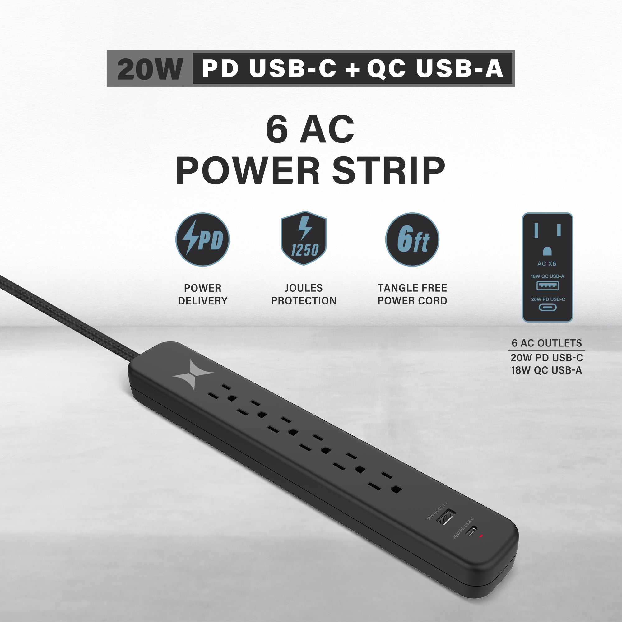 Xtreme Power Strip with 6 Outlets 20W USB-C & 18W USB-A Charging