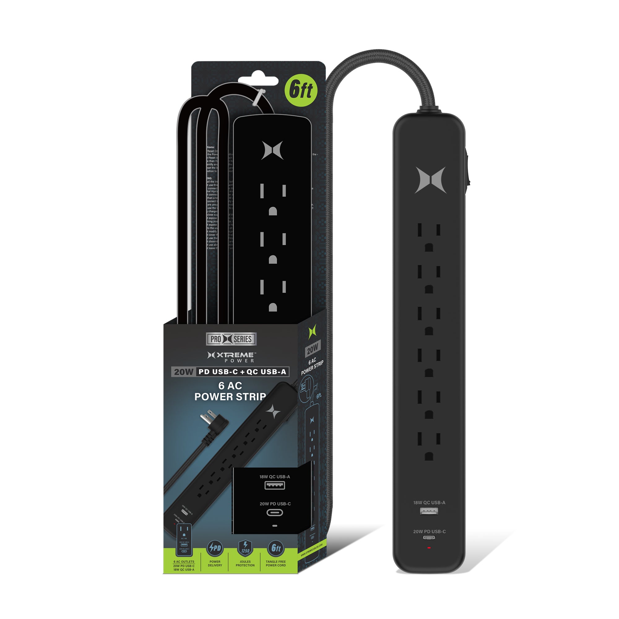 Xtreme Power Strip with 6 Outlets 20W USB-C & 18W USB-A Charging