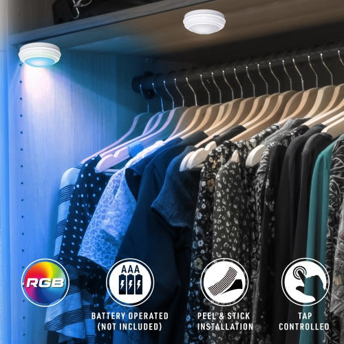 2-Pack RGB LED Puck Lights with Tap Control - Wireless, Dimmable, and Color-Changing Battery-Powered Under Cabinet Lighting