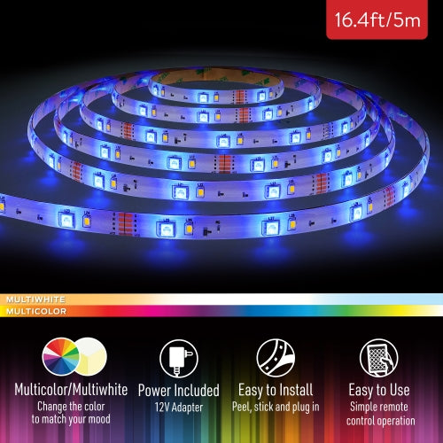 16.4ft Color-Changing Indoor LED Light Strip, New RGBW, 12V Adapter