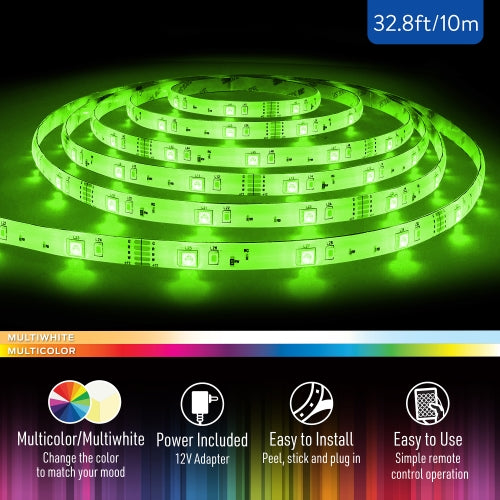 32.8ft RGBW Color-Changing Indoor LED Light Strip, Remote Control