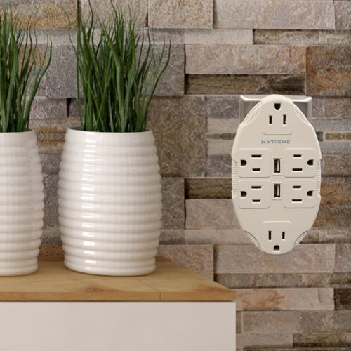 6 Outlet Wall Tap with Dual 2.4A USB Ports, Multi-Plug Adapter, Grounded 3-Prong Power Extender for Home and Office