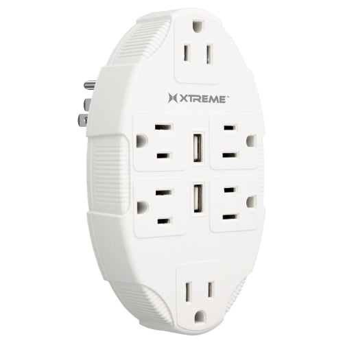 6 Outlet Wall Tap with Dual 2.4A USB Ports, Multi-Plug Adapter, Grounded 3-Prong Power Extender for Home and Office
