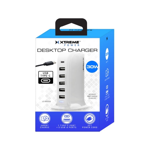 Multi-Port 6 USB Desktop Charging Tower with Type-C Port, Smart Fast-Charging Station, All-in-One Power Hub for Multiple Devices