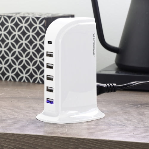 Multi-Port 6 USB Desktop Charging Tower with Type-C Port, Smart Fast-Charging Station, All-in-One Power Hub for Multiple Devices