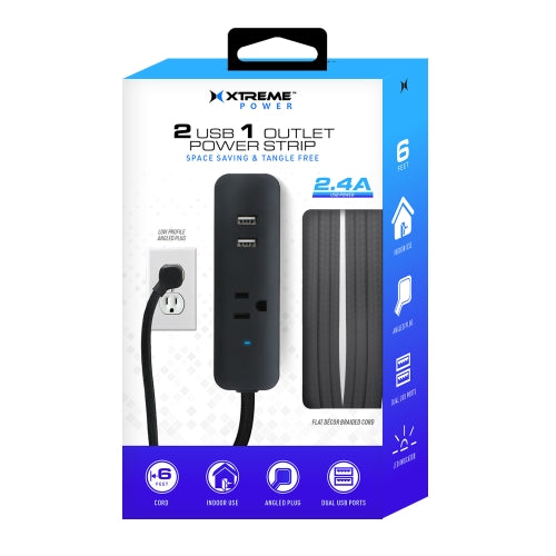 6ft. Fabric Braided Power Strip with Low-Profile Angled Plug, 1 Grounded Outlet, and 2.4A Dual USB-A Ports, Ideal for Home, Office, and Travel