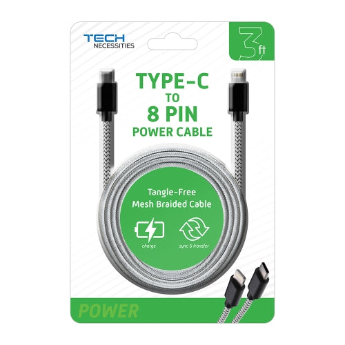 Durable 3ft Braided Type-C to 8-Pin Charging Cable for iPhone, iPad, and AirPods - Fast Sync and Charge