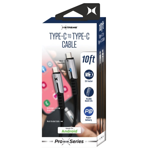 10ft USB-C to USB-C Cable, 2X Faster Charging, Braided, Tangle-Free, 10,000+ Bend Lifespand