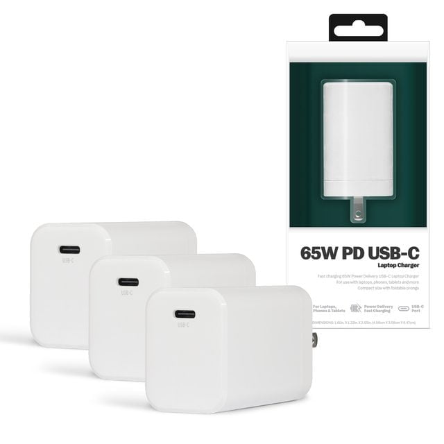 3-Pack 65W USB-C Wall Charger for Laptops with PD Power Delivery, Compact Fast Charging Wall Charger