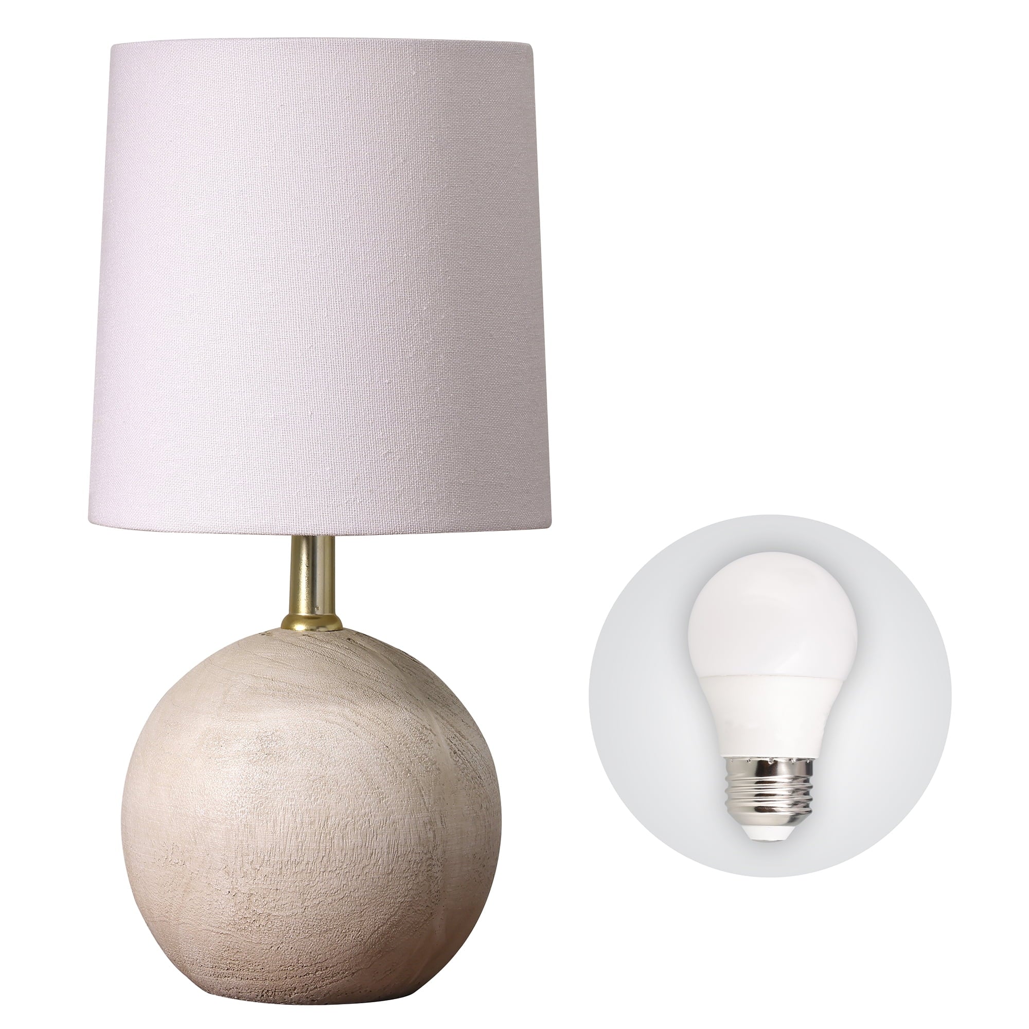 Mini Ball Natural Grey Resin Table Lamp with White Fabric Shade, LED Bulb Included, Push-Through Switch, Modern & Compact Design