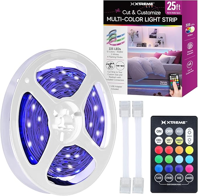 25ft Cut & Customize Indoor LED Light Strip Kit, Includes 2 Connectors, 225 LEDs, 4 Modes, 5V Adapter