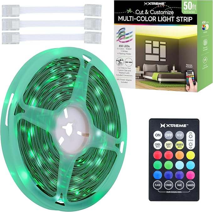 50ft Cut & Customize Indoor LED Light Strip Kit, Includes 3 Connectors