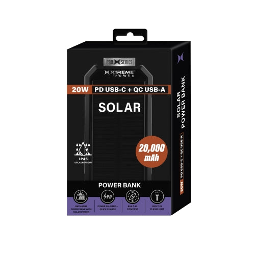 Pro Series 20,000mAh Solar Power Bank – PD Fast Charging Portable Charger with USB-C & USB-A, IP45 Water-Resistant, LED Flashlight & Compass
