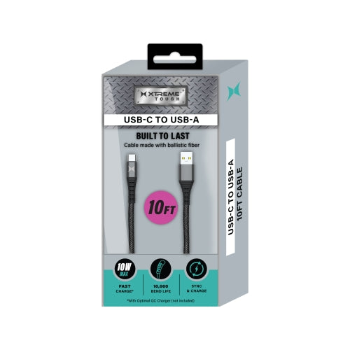 Ultra-Durable 10FT Type-C to USB-A Charging Cable with Kevlar Ballistic Fiber, 10W Fast Charge