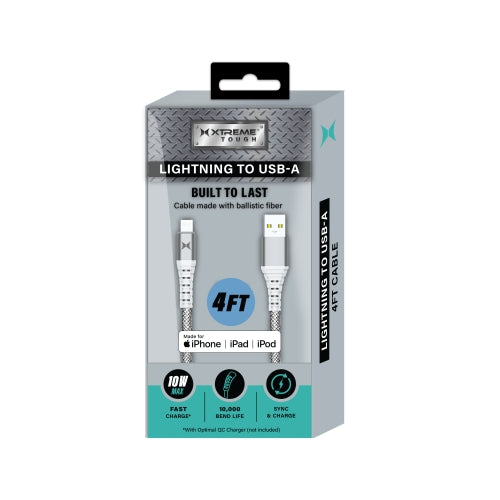 Ultra-Durable 4FT Lightning to USB-A Charging Cable with Kevlar Ballistic Fiber, 10W Fast Charge