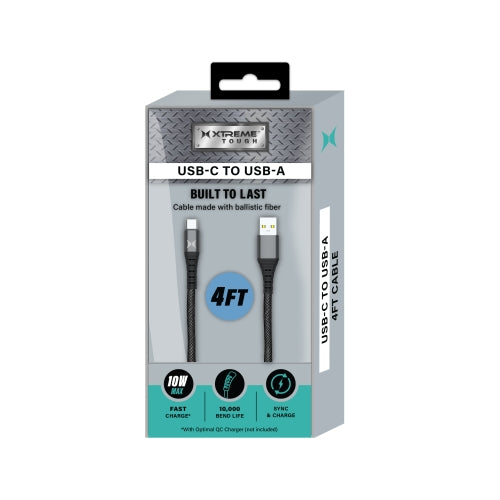 Ultra-Durable 4FT USB-C to USB-A Charging Cable with Kevlar Ballistic Fiber, 10W Fast Charge