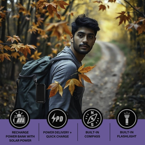 Pro Series 20,000mAh Solar Power Bank – PD Fast Charging Portable Charger with USB-C & USB-A, IP45 Water-Resistant, LED Flashlight & Compass