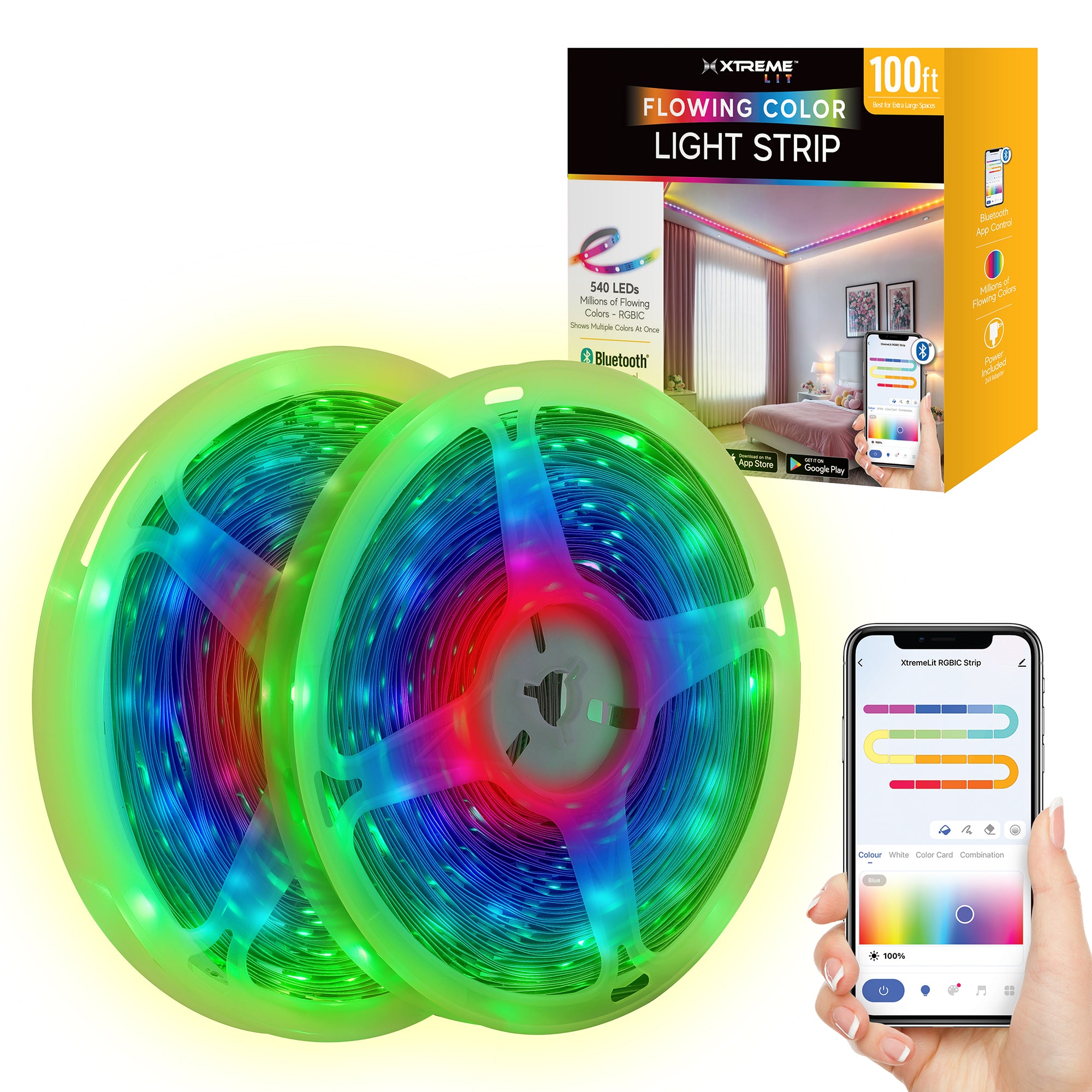 100ft Indoor LED Light Strips, Multiple Color Effects, Bluetooth Mobile App Control
