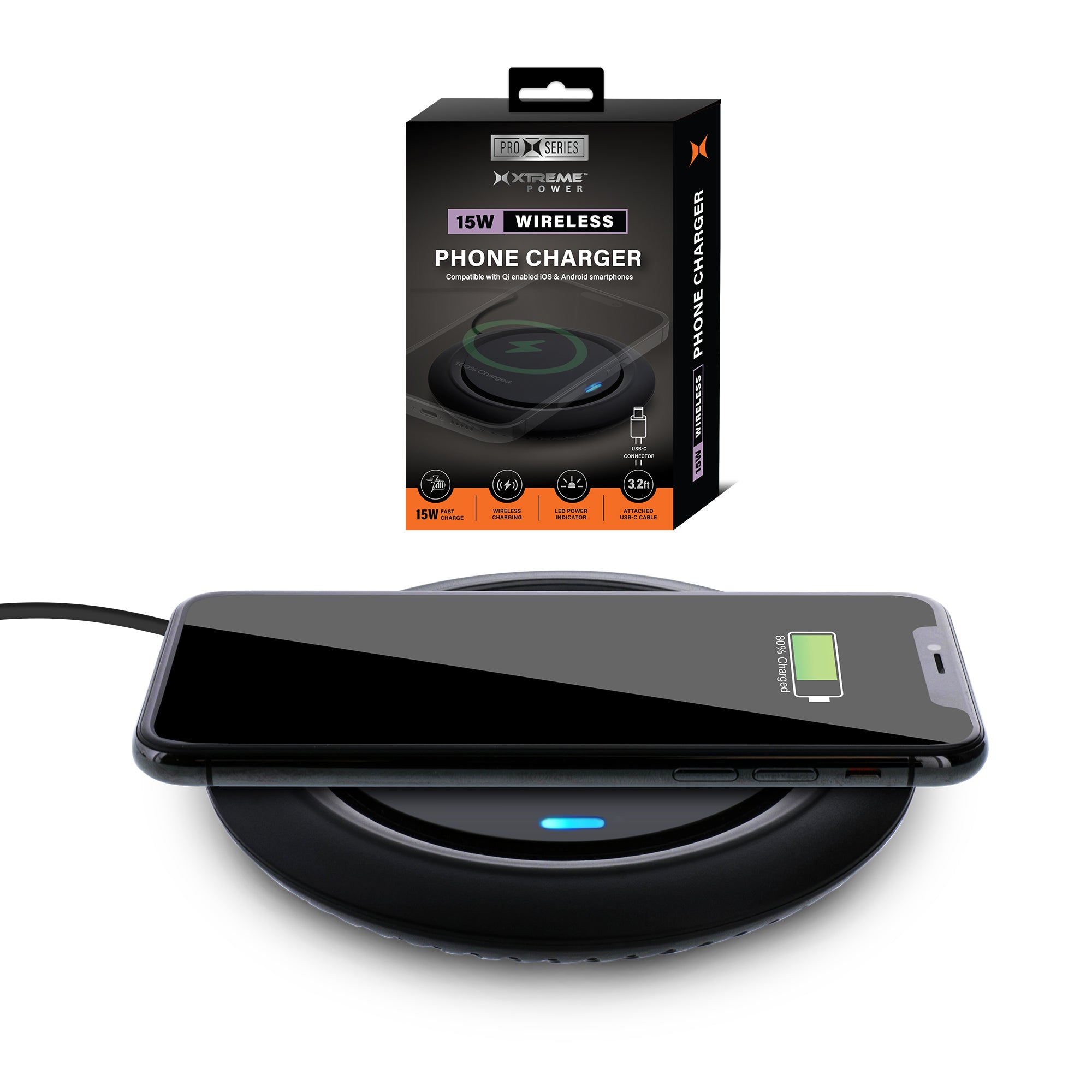 15W Qi Wireless Charging Pad for Desktop, High-Efficiency Fast Charger with LED Indicator and 3ft Power Cable, Case-Friendly