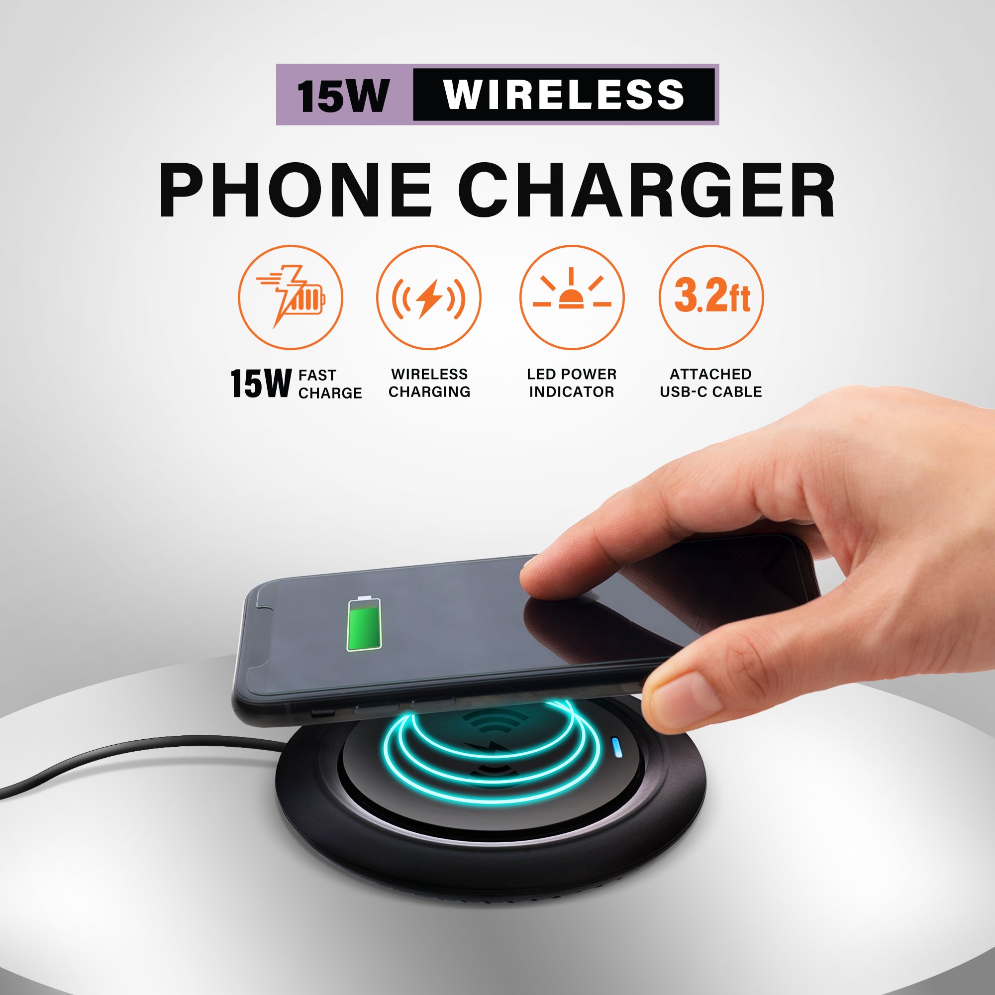 15W Qi Wireless Charging Pad for Desktop, High-Efficiency Fast Charger with LED Indicator and 3ft Power Cable, Case-Friendly