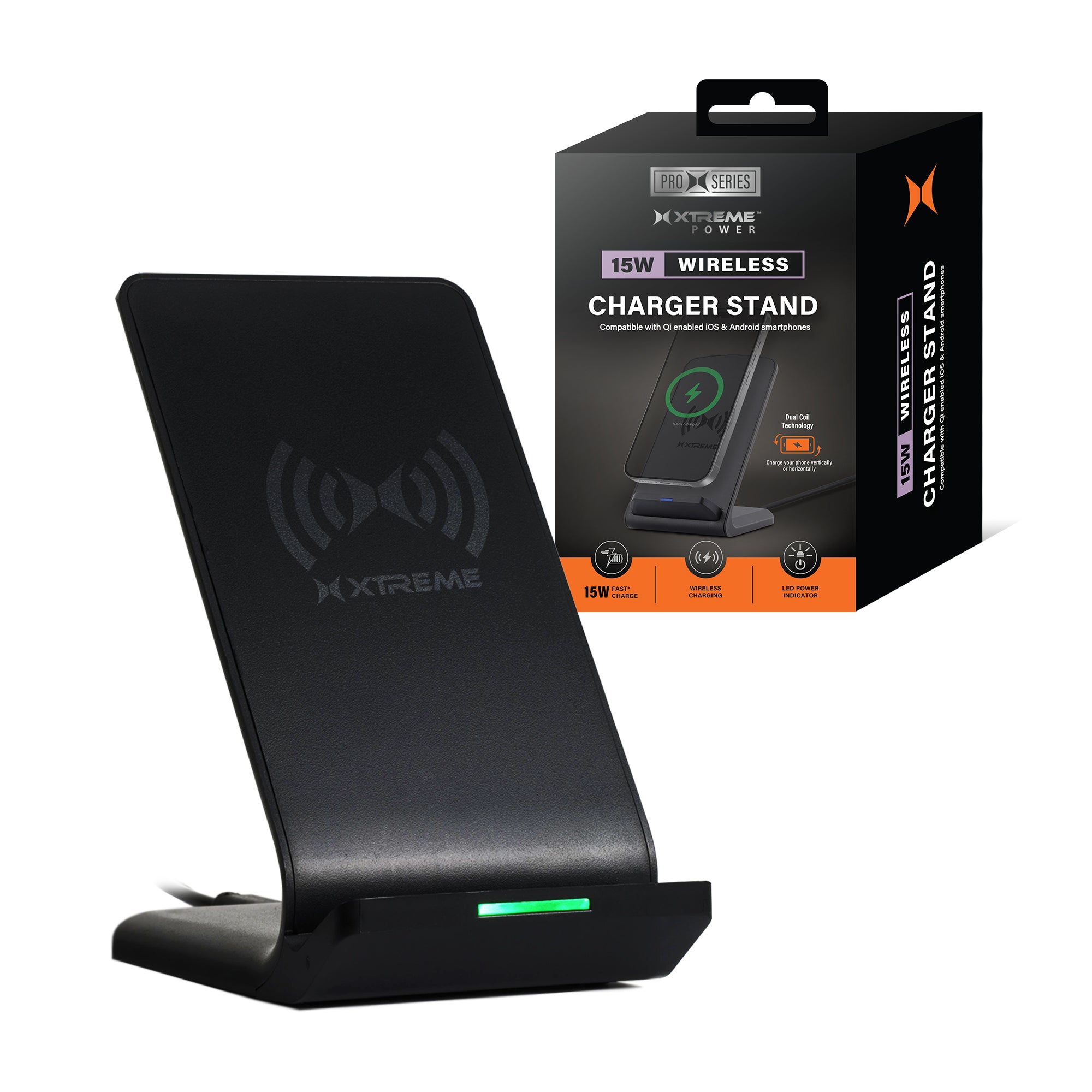 15W Fast Wireless Charging Stand with USB-C, Portrait & Landscape Mode, Qi-Certified, LED Indicator for iPhone, Samsung, and Android Phones