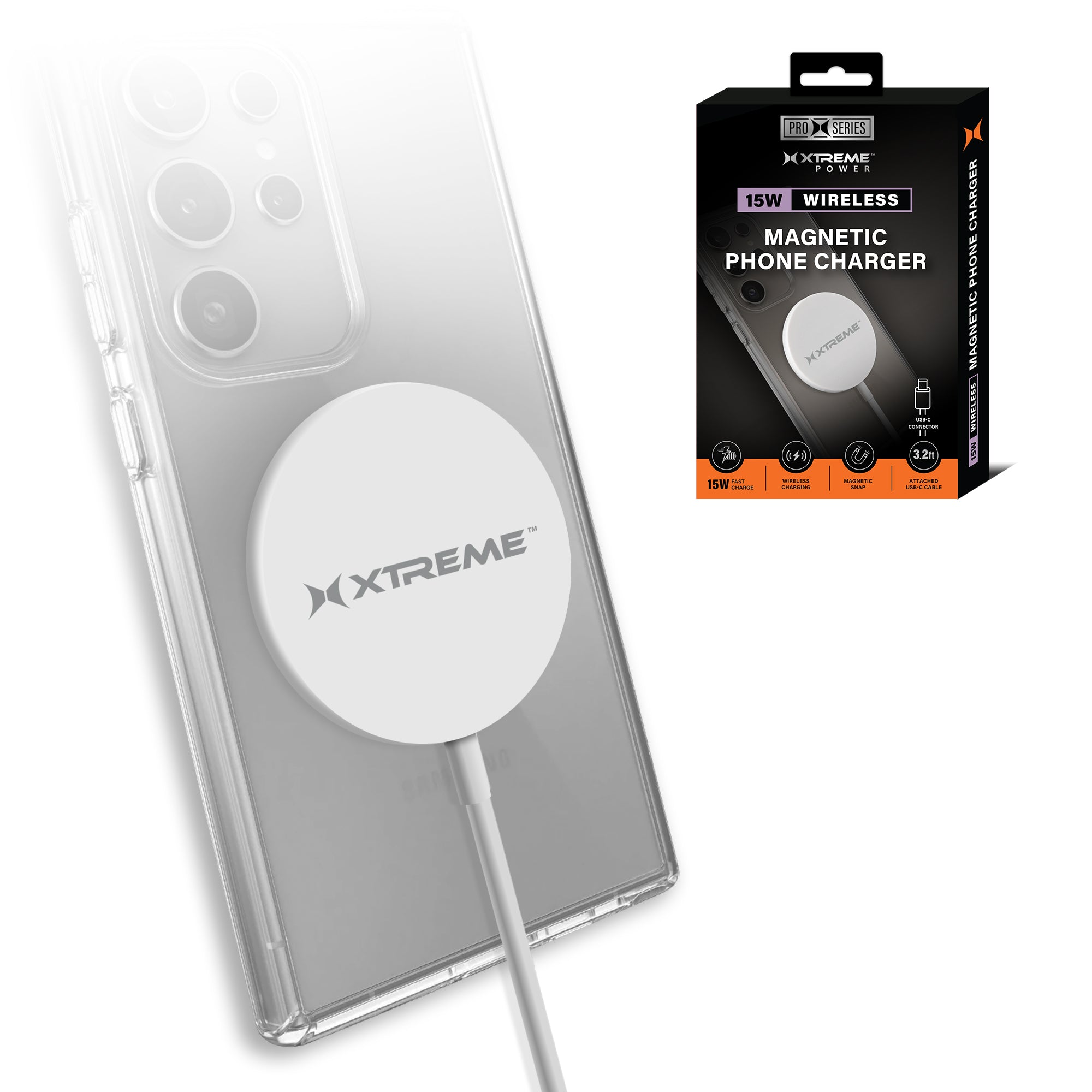 Power Pro Series 15W Wireless Magnetic Snap-and-Charge Charger with USB-C Cable