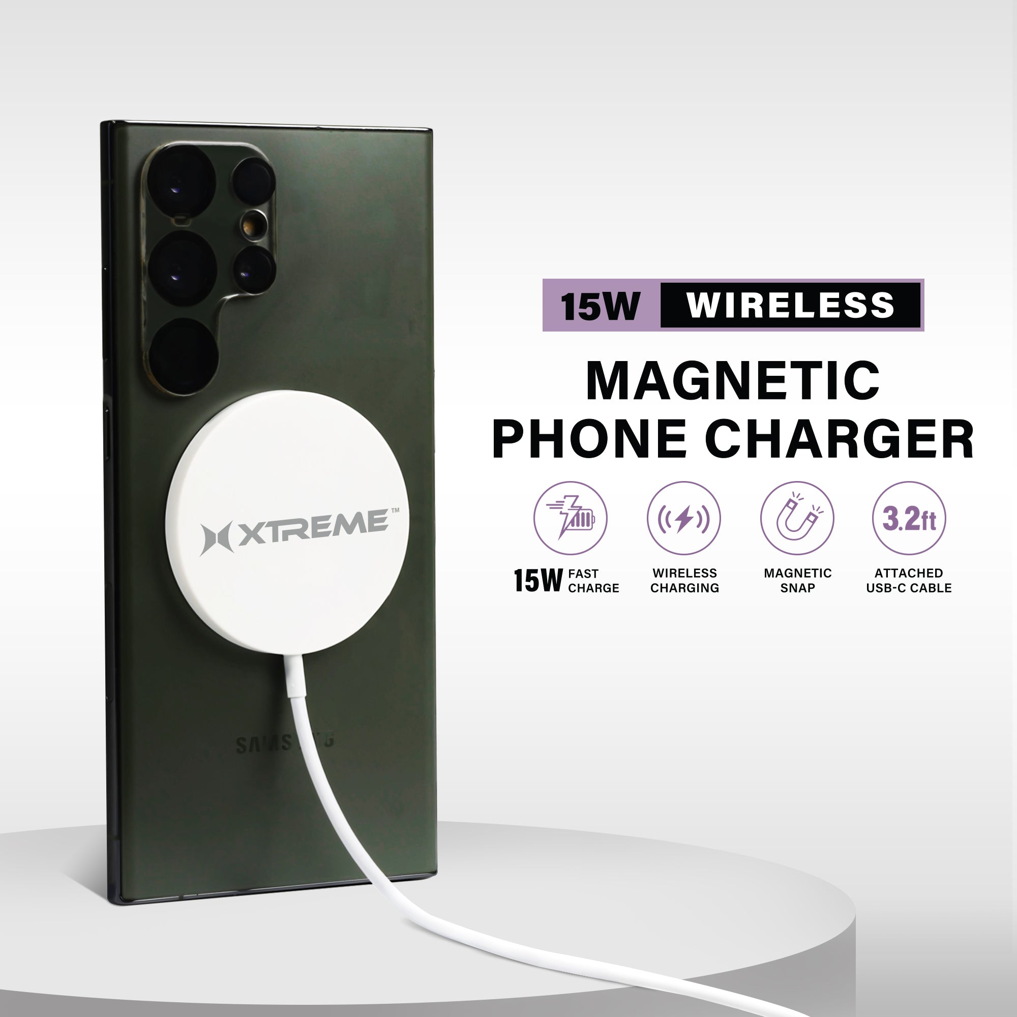 Power Pro Series 15W Wireless Magnetic Snap-and-Charge Charger with USB-C Cable