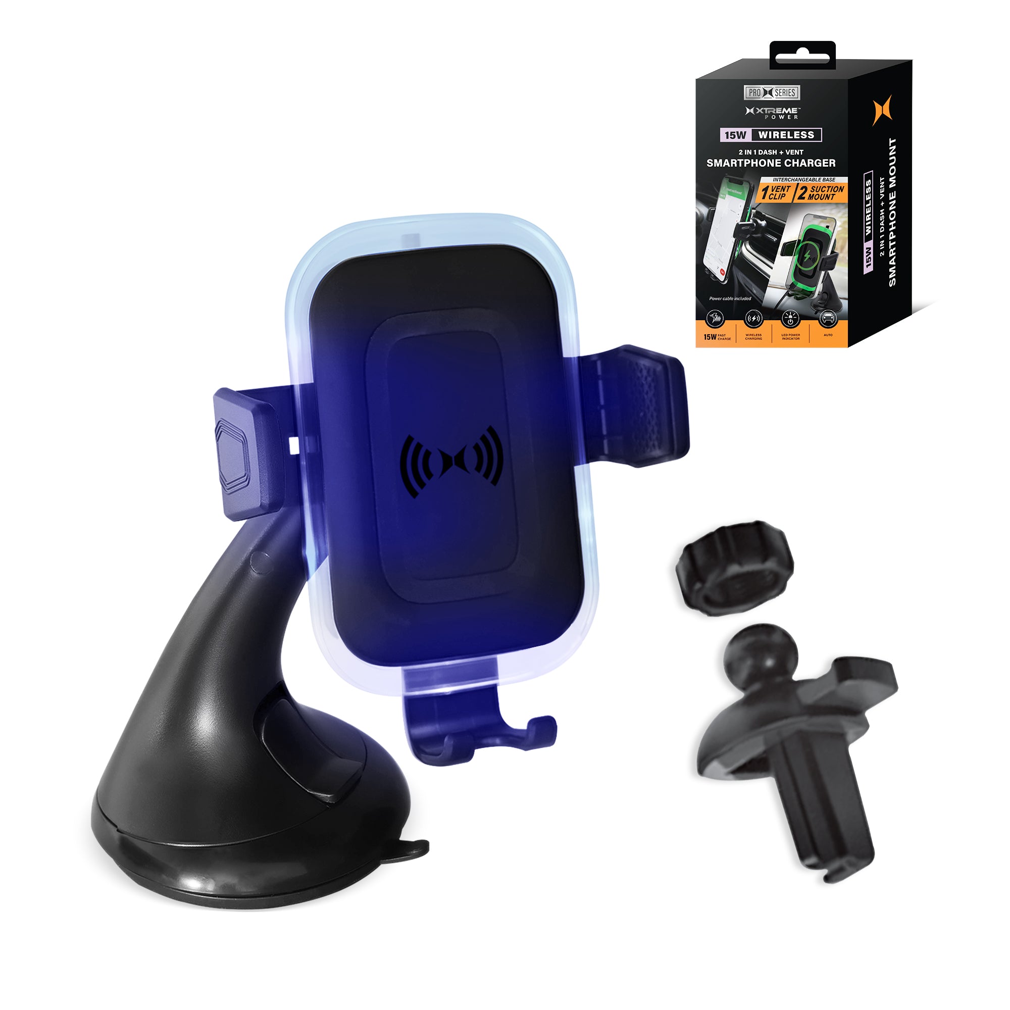 15W 2-in-1 Wireless Car Charger with Smart Sensor, Dashboard & Air Vent Mount Phone Holder