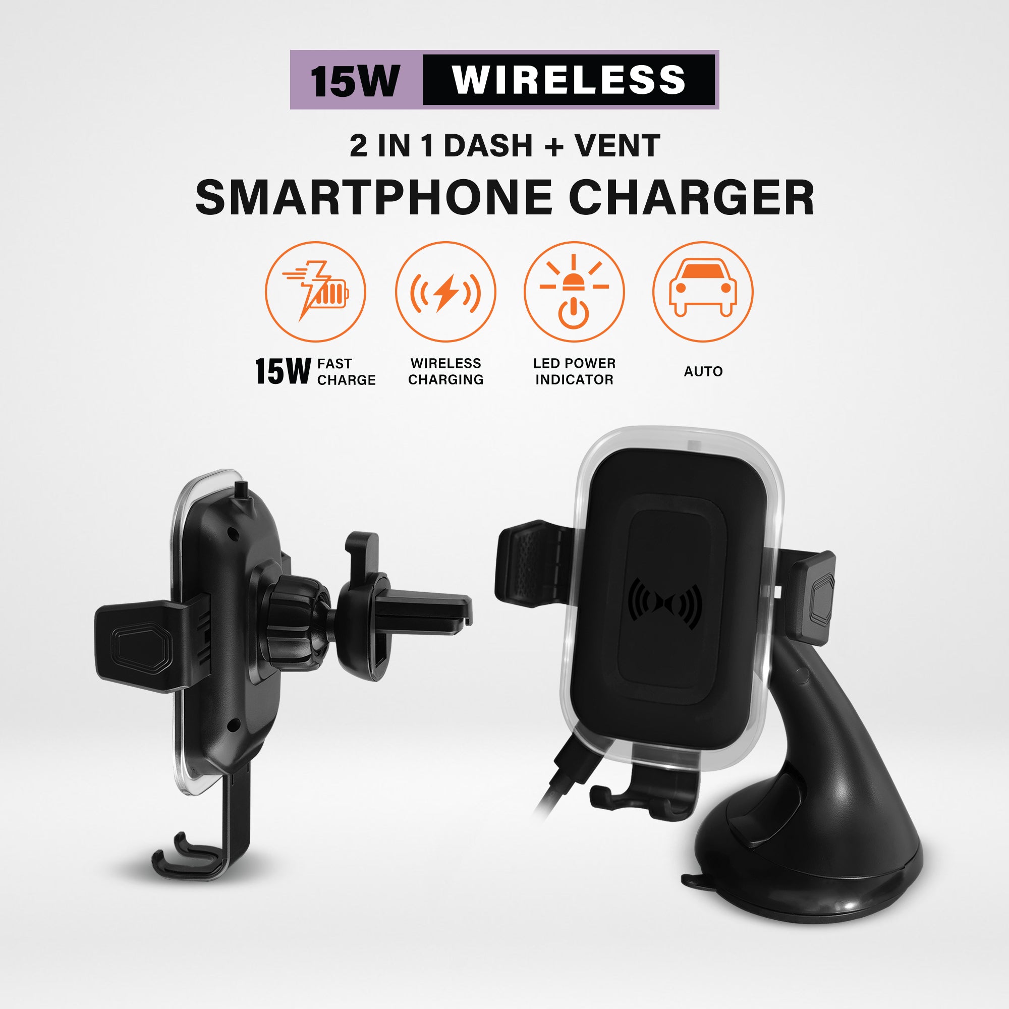 15W 2-in-1 Wireless Car Charger with Smart Sensor, Dashboard & Air Vent Mount Phone Holder