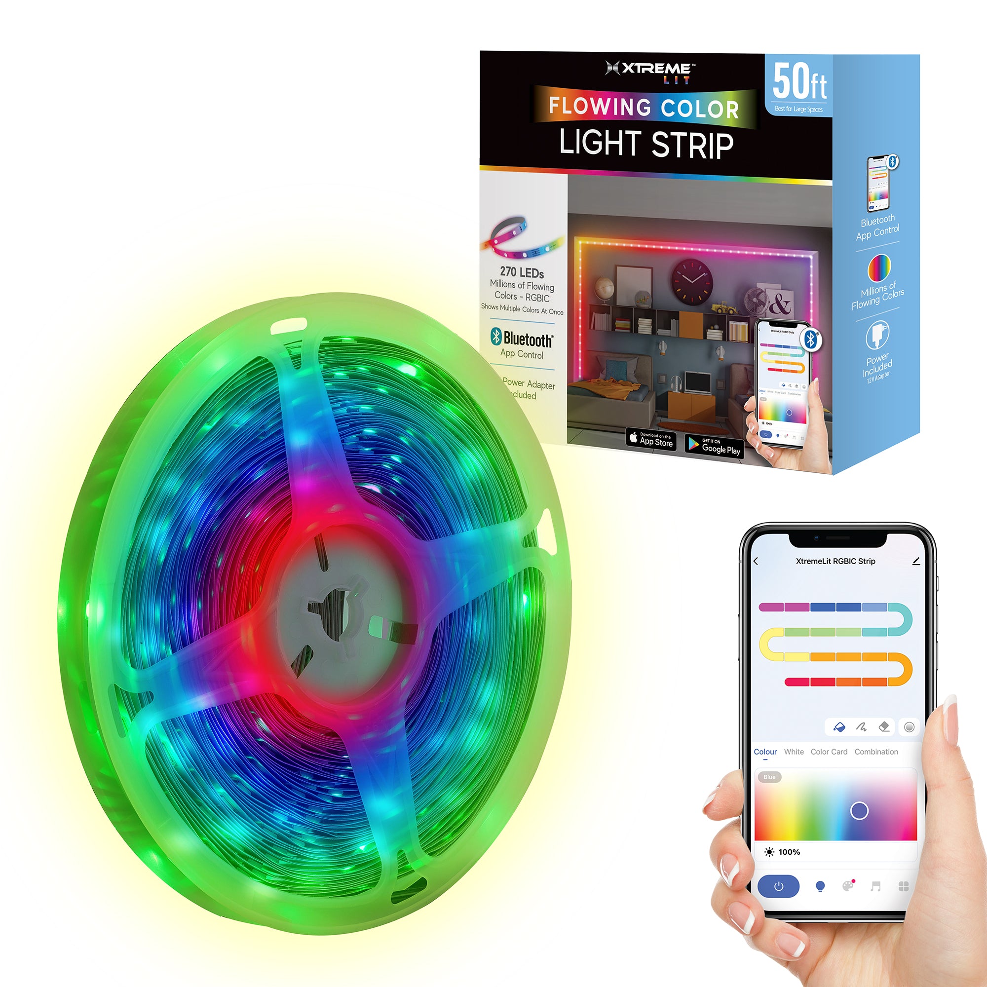 50ft Bluetooth LED Light Strips, Flowing Color Effect, App Use