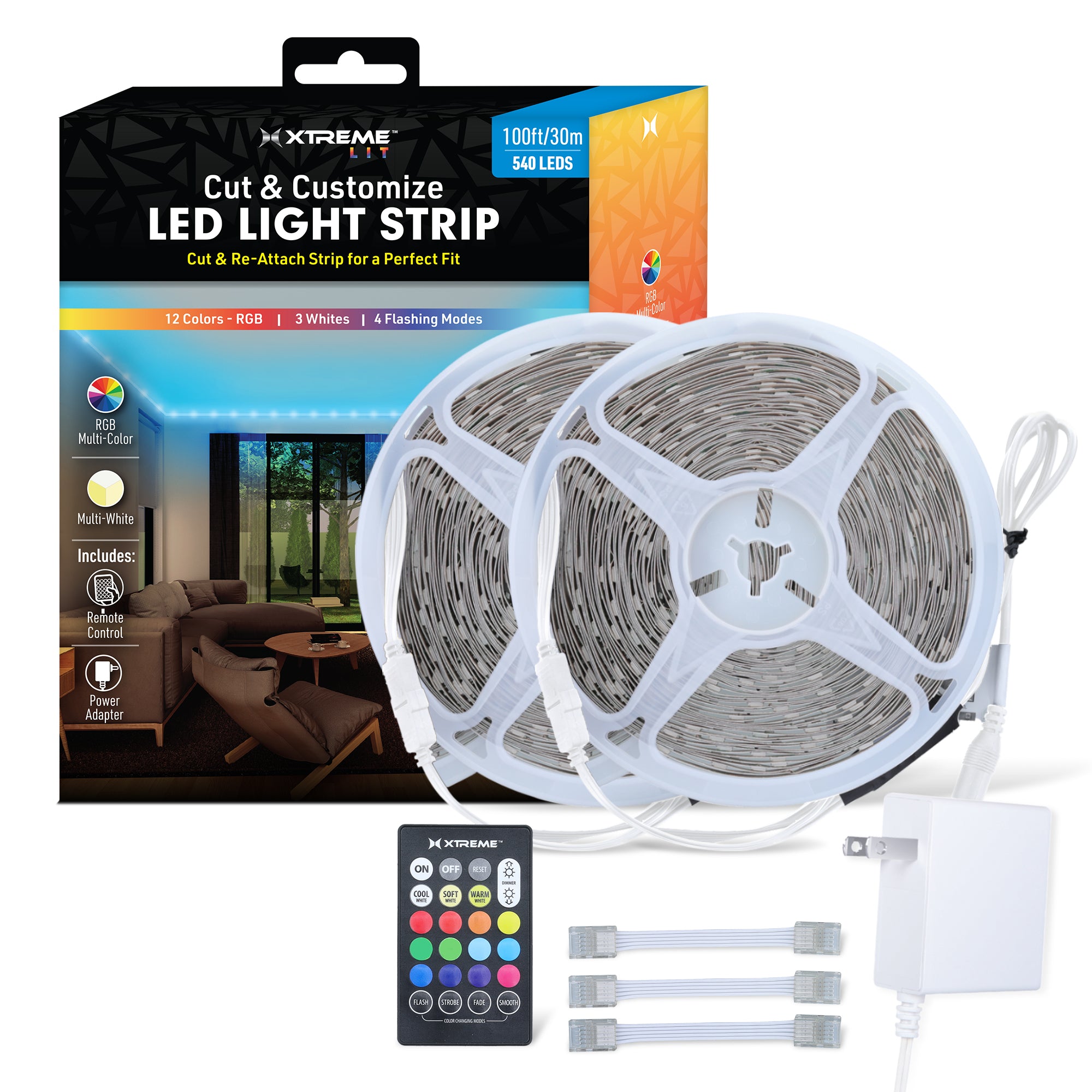 100ft Cut & Customize Indoor LED Light Strip Kit, Includes 3 Connectors