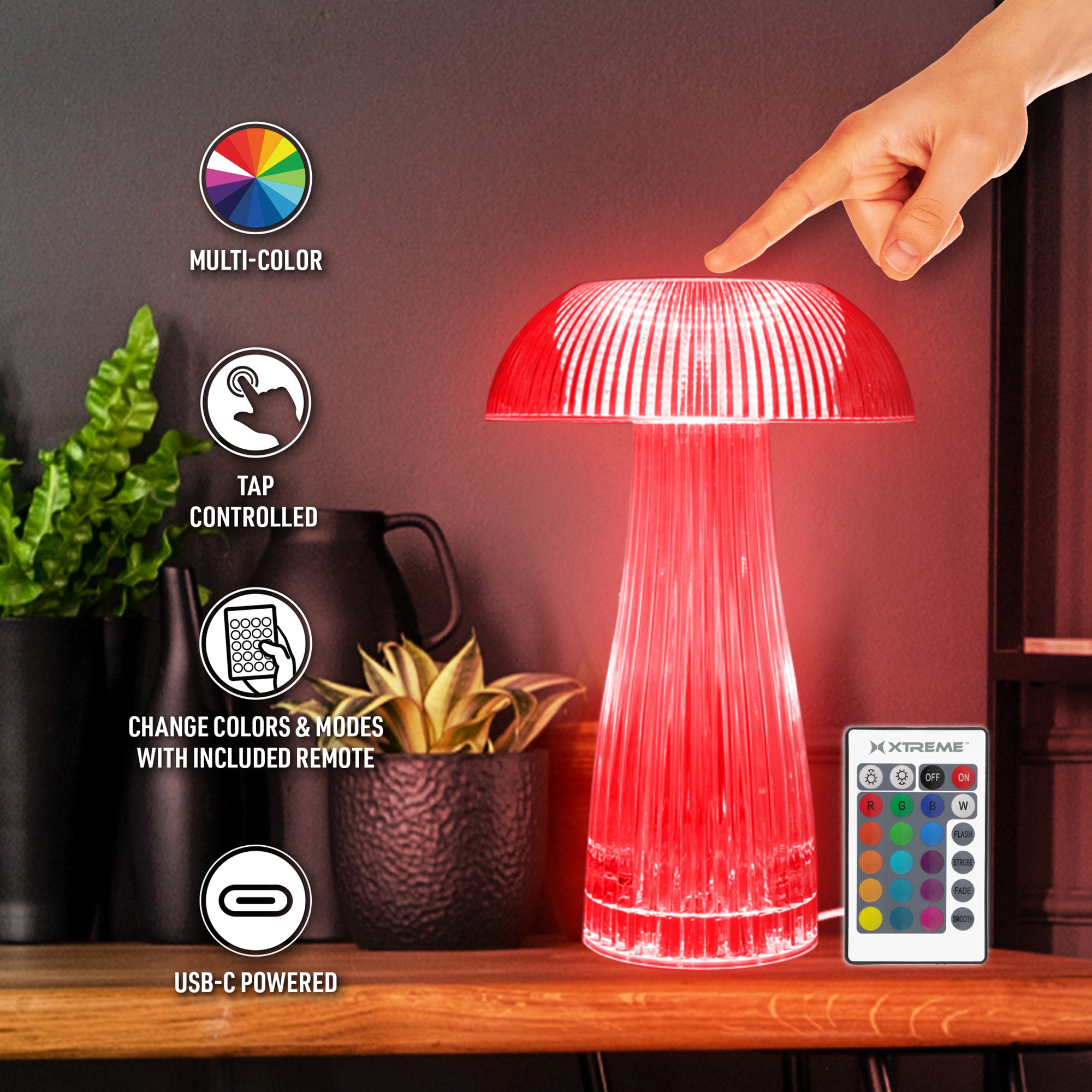 Neon Multi-Color Mushroom LED Tabletop Touch Lamp, with Remote, Crystal Finish