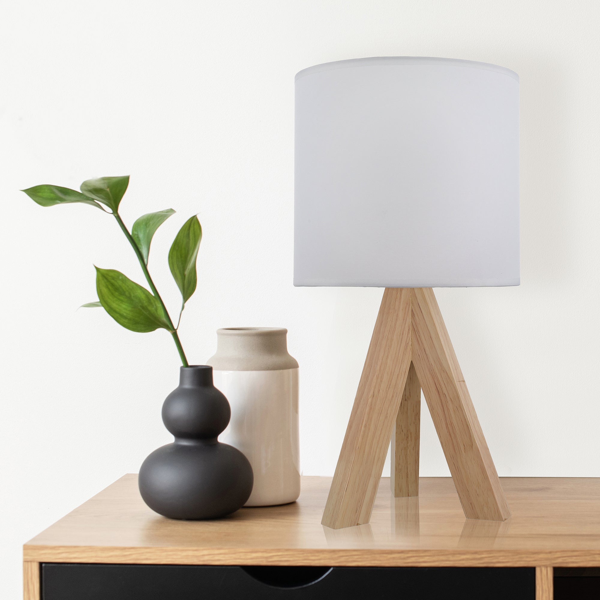 Tripod Oak Table Lamp with Classic White Fabric Shade, 16.75"H, One Size