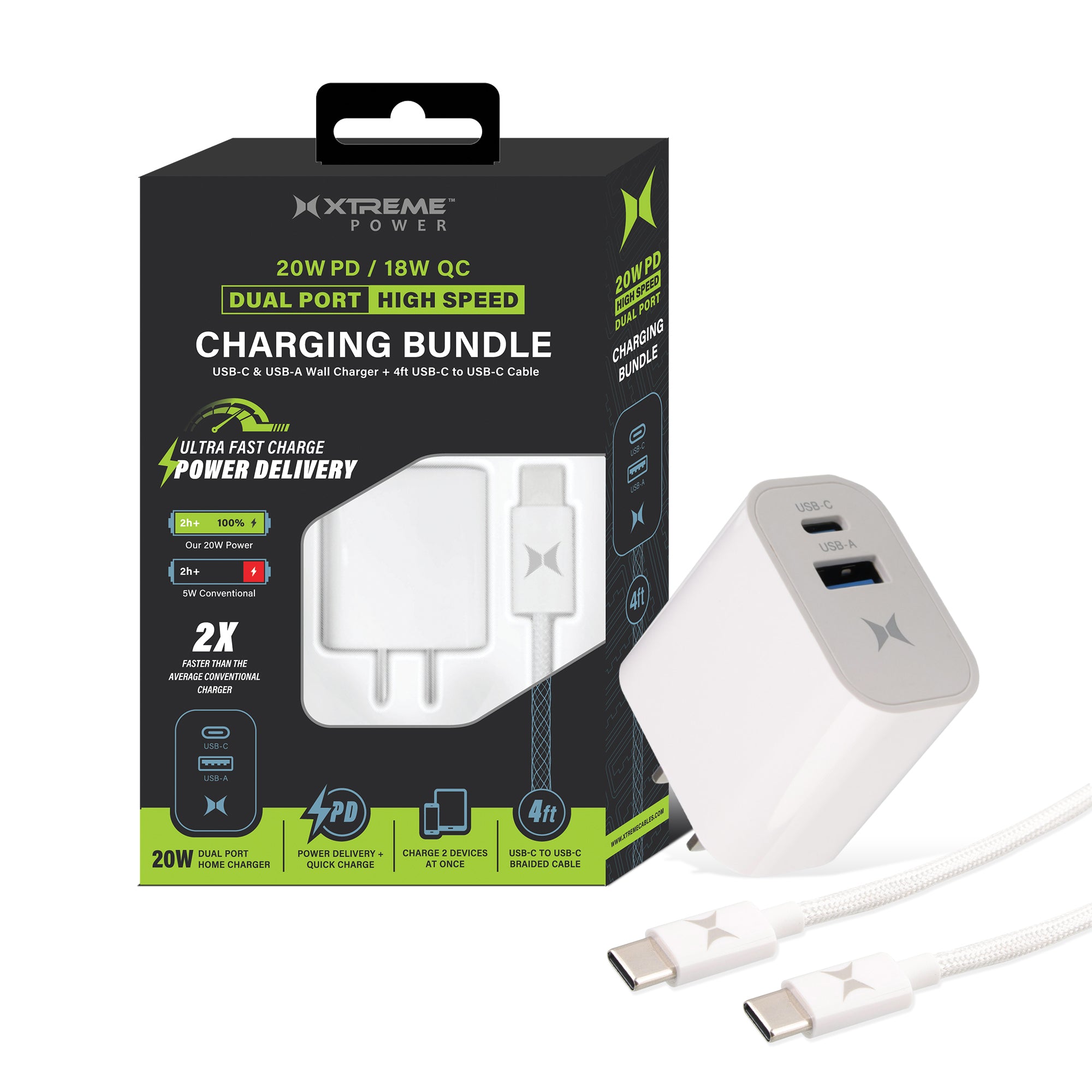 20W PD & 18W QC USB Wall Charger with 6-Foot 3-in-1 C-to-C Cable | Fast Sync and Charge Power Adapter and Cable Bundle for Smartphones and Tablets