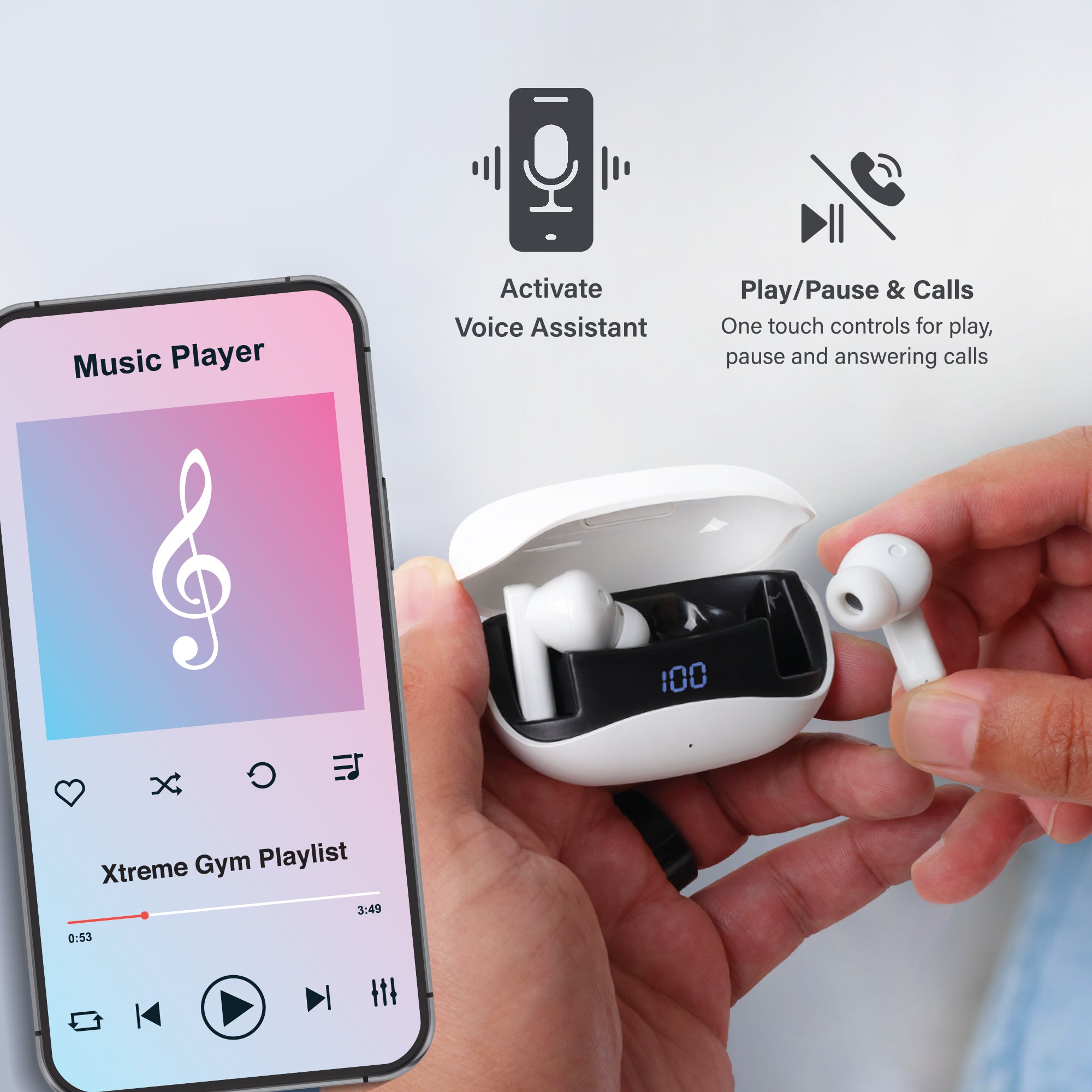True Wireless Stereo Earbuds with Active Noise Cancelling, LED Display Charging Case, and Bluetooth for Voice Assistant Activation