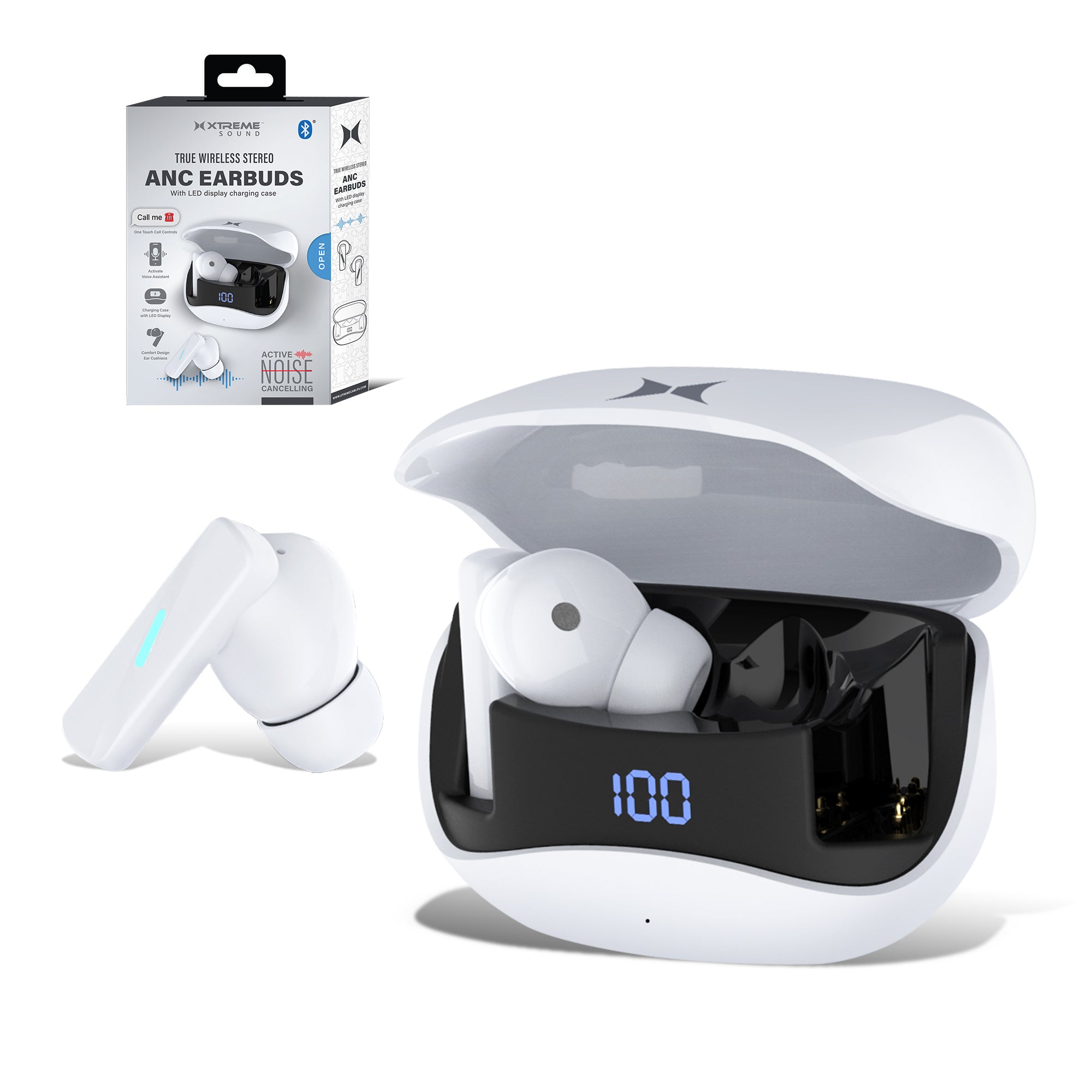 True Wireless Stereo Earbuds with Active Noise Cancelling, LED Display Charging Case, and Bluetooth for Voice Assistant Activation
