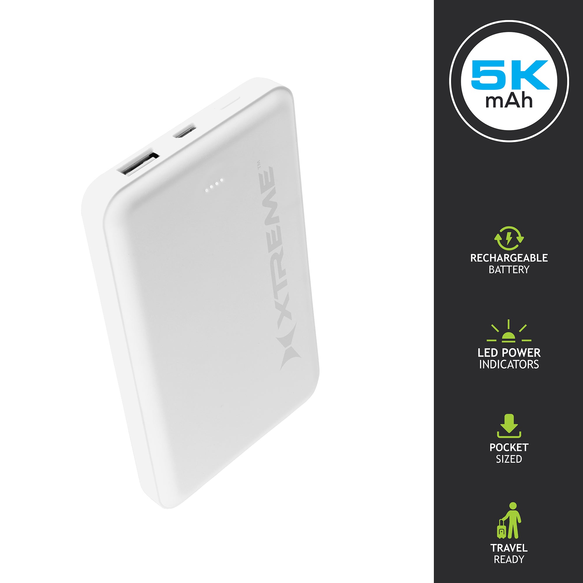 10W USB-A 5000mAh Pocket Power Bank with LED Indicators, Portable Rechargeable Travel Battery Pack for Smartphones and Devices